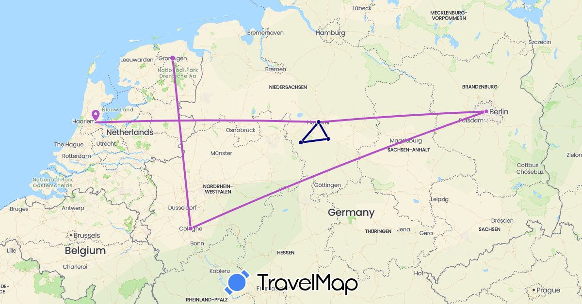 TravelMap itinerary: driving, train in Germany, Netherlands (Europe)